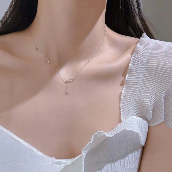 925 Sterling Silver Diamond Star Tassel Necklace - Picture 2 of 3